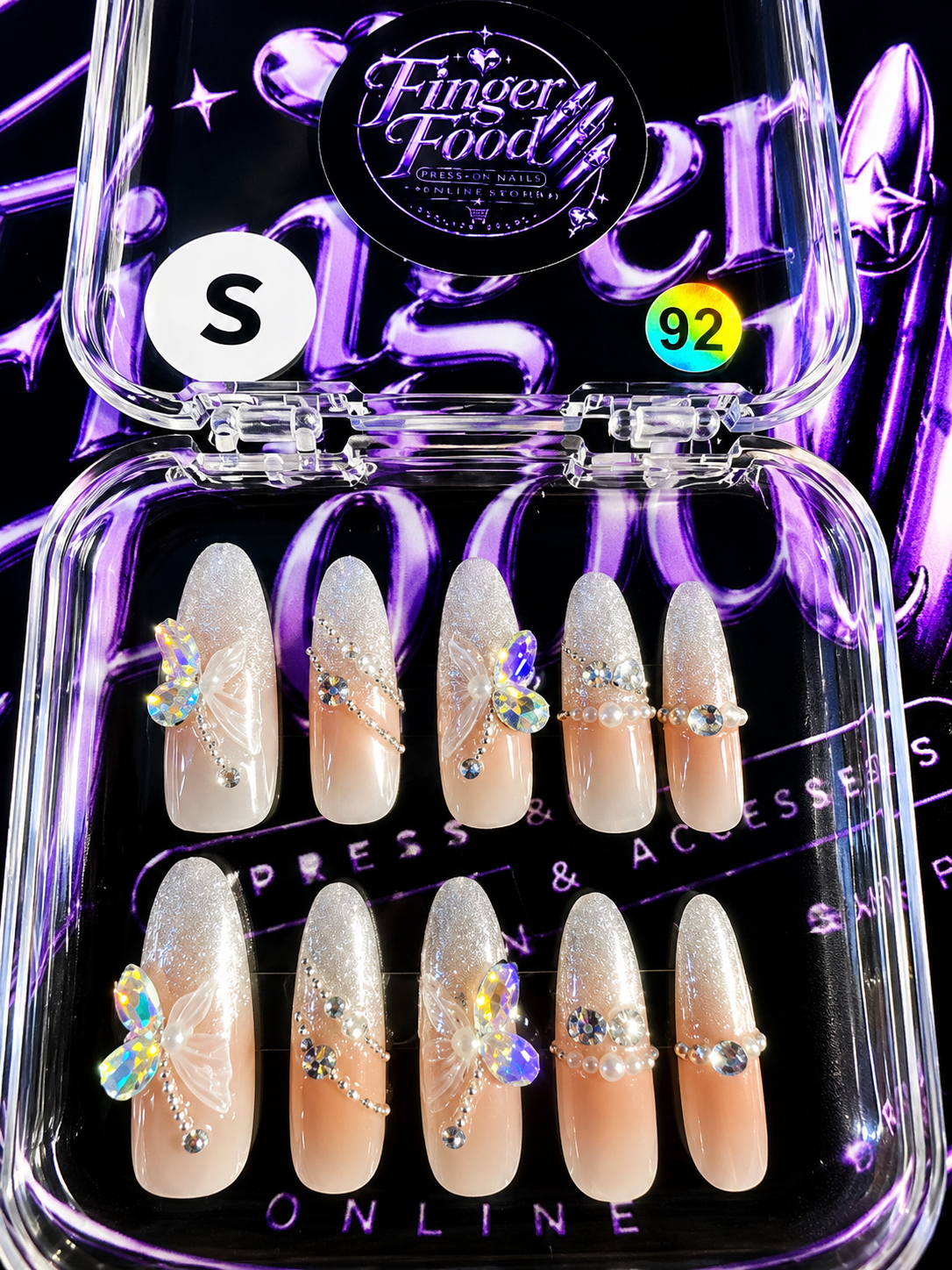 🦋💎 CRYSTAL BUTTERFLY #92 – Small Nude & Silver Sparkle Press-On Nails 💎🦋