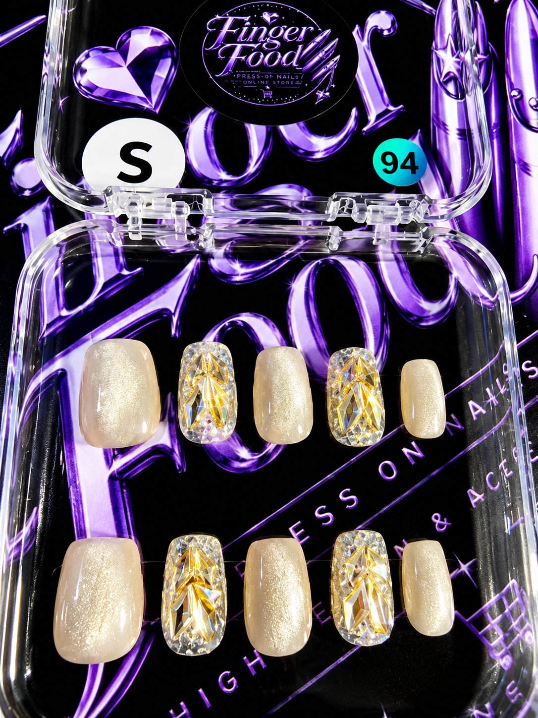 💎✨ GOLDEN ICE #94 – Small Champagne & Crystal Press-On Nails ✨💎