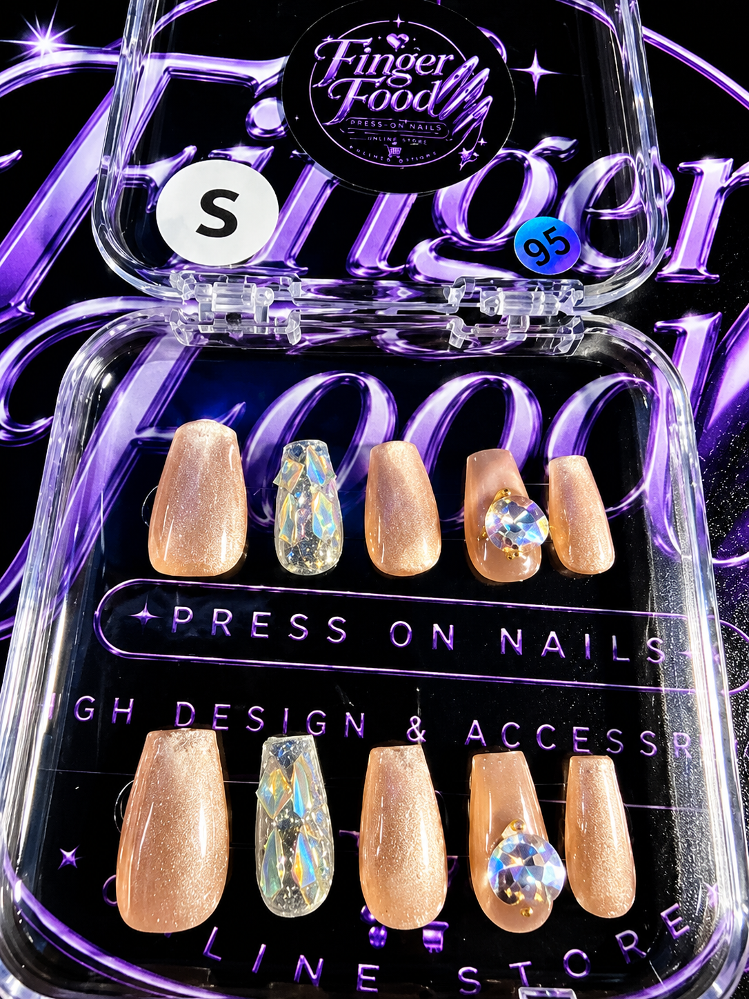 🥂💎 CRYSTAL CHAMPAGNE #95 – Small Nude Shimmer & Gem Press-On Nails 💎🥂