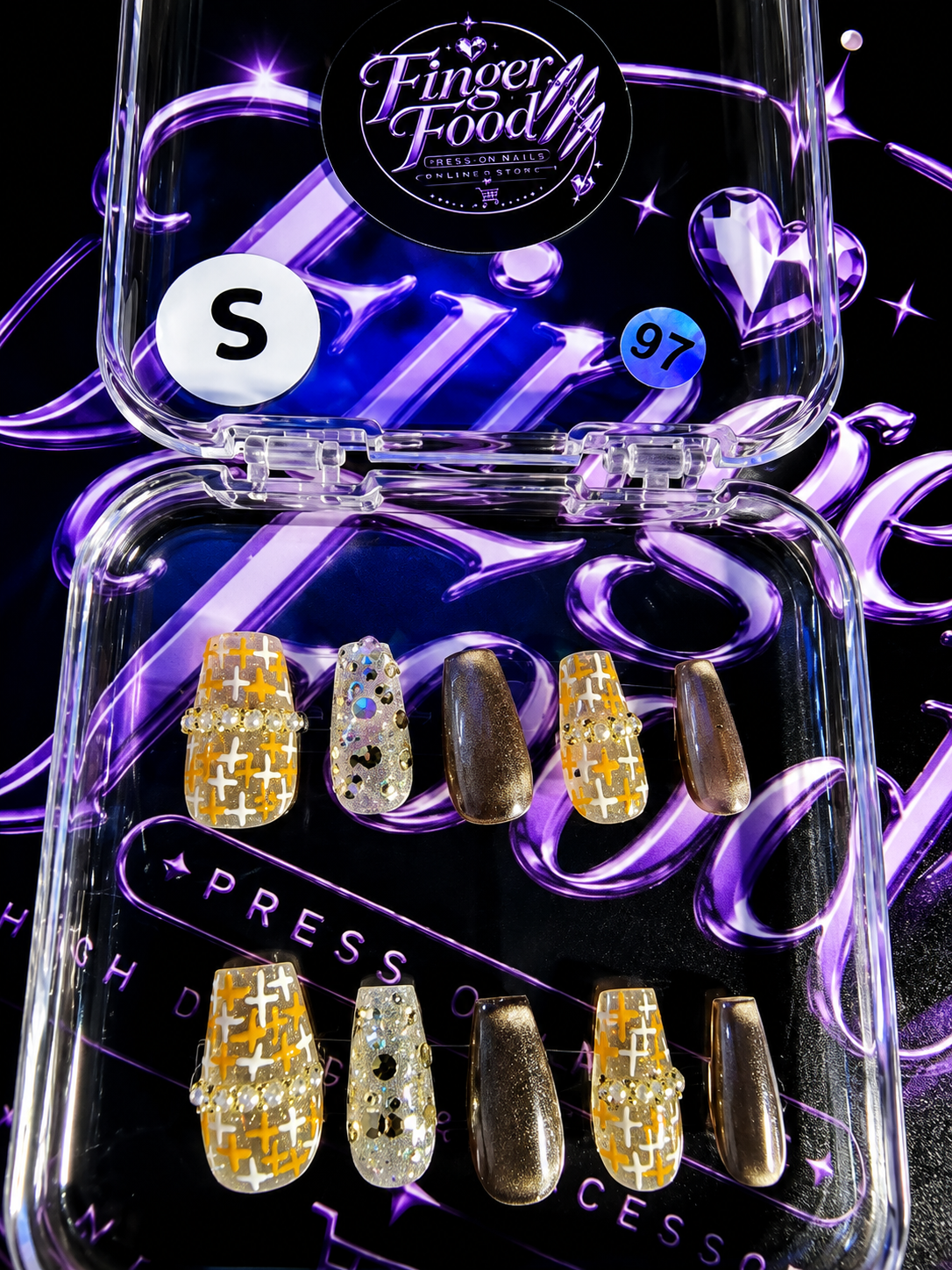 ✨💛 GOLDEN LATTICE #97 – Small Gold, Bronze & Rhinestone Press-On Nails 💛✨
