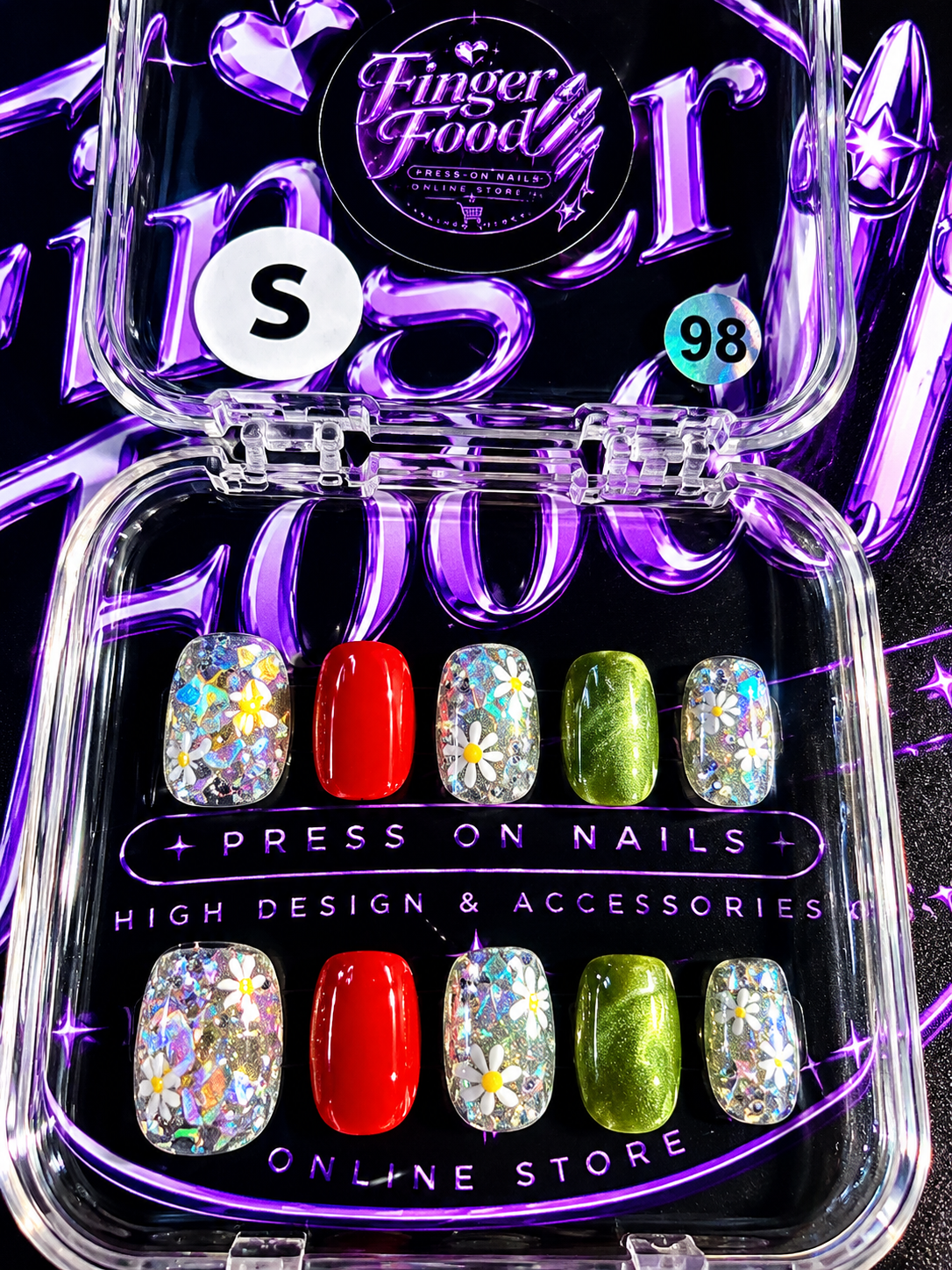 🌼✨ GARDEN PARTY #98 – Small Daisy, Glitter & Colorful Press-On Nails ✨🌼